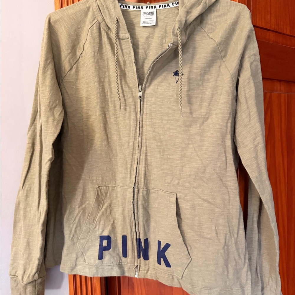 Victoria's Secret PINK olive green  Zip-Up Hoodie with Black Logo Trim